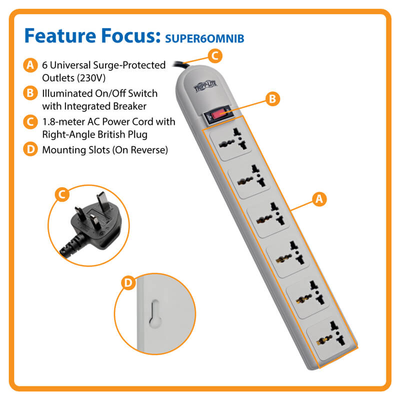 TRIPPLITE SUPER6OMNIB 6-Universal Outlet Surge Protector 1.8M Cord British Plug - Image 5