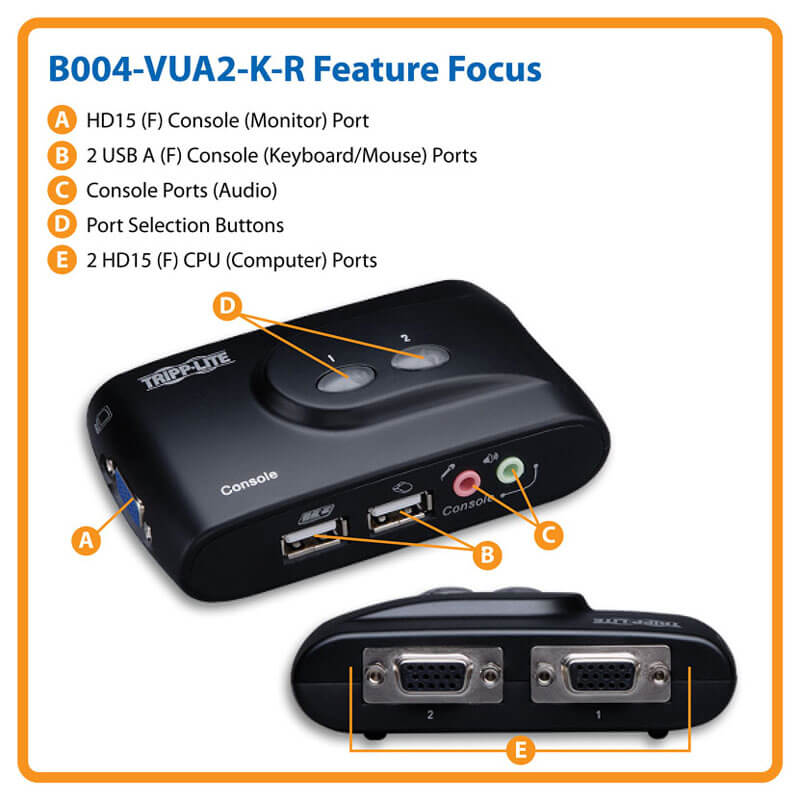 TRIPPLITE B004-VUA2-K-R  2-Port Compact USB KVM Switch with Audio and Cable - Image 4