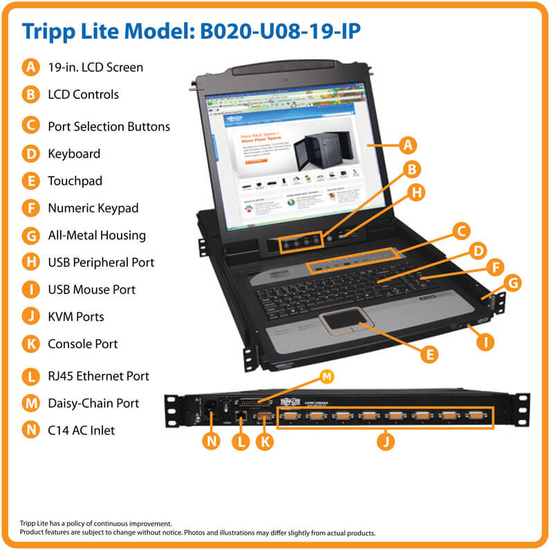 TRIPPLITE B020-U08-19-IP NetDirector 8-Port 1U Rack-Mount Console KVM Switch with 19" LCD and IP Remote Access - Image 6