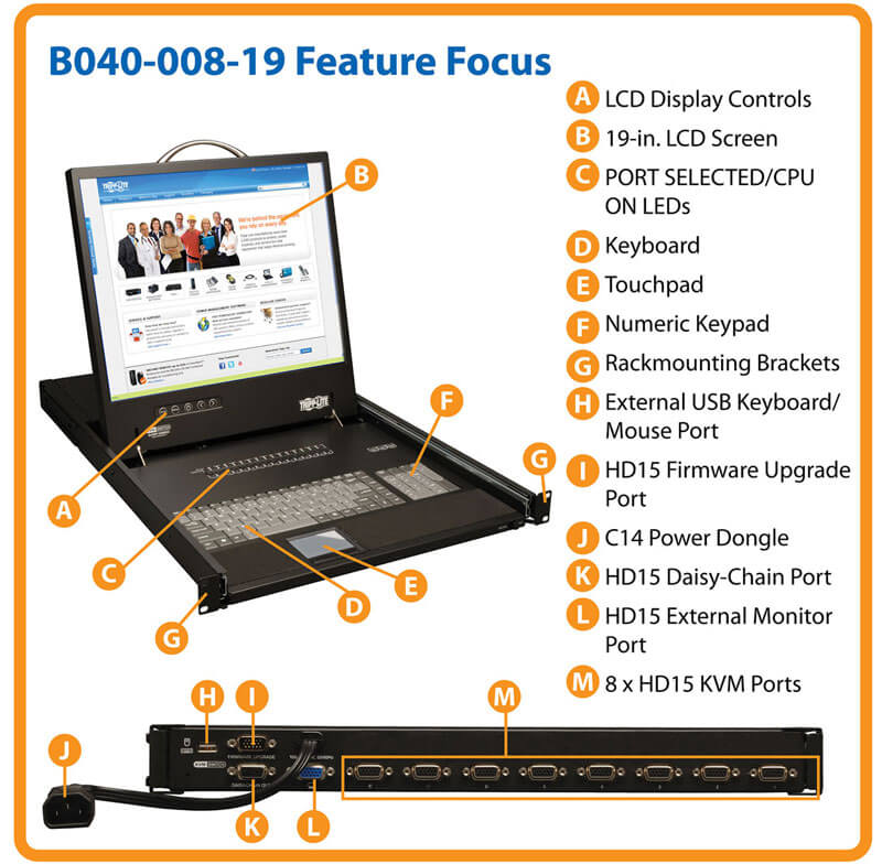 TRIPPLITE B040-008-19 NetController 8-Port 1U Rack-Mount Console KVM Switch with 19"LCD - Image 4