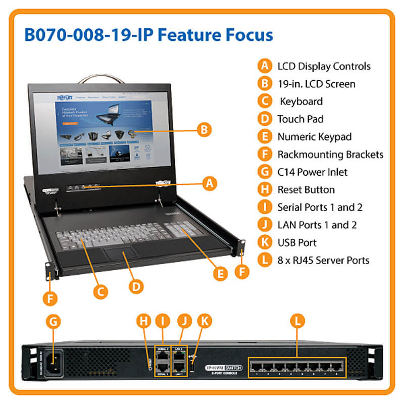 TRIPPLITE B070-008-19-IP NetCommander 8-Port Cat5 1U Rack-Mount 1+1 User Console KVM Switch with 19-in. LCD and IP Remote Access - Image 7