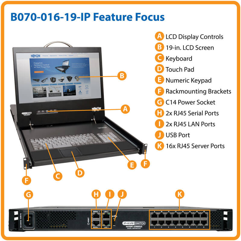 TRIPPLITE B070-016-19-IP NetCommander 16-Port Cat5 1U Rack-Mount 1+1 User Console KVM Switch with 19-in. LCD and IP Remote Access - Image 7