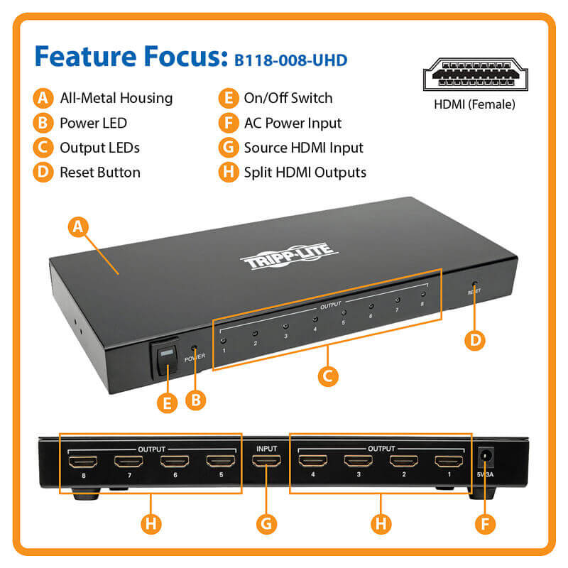 TRIPPLITE B118-008-UHD 8-Port 4K HDMI Splitter for Ultra-HD (4Kx2K) Video and Audio - 4096 x 2160 - Image 5