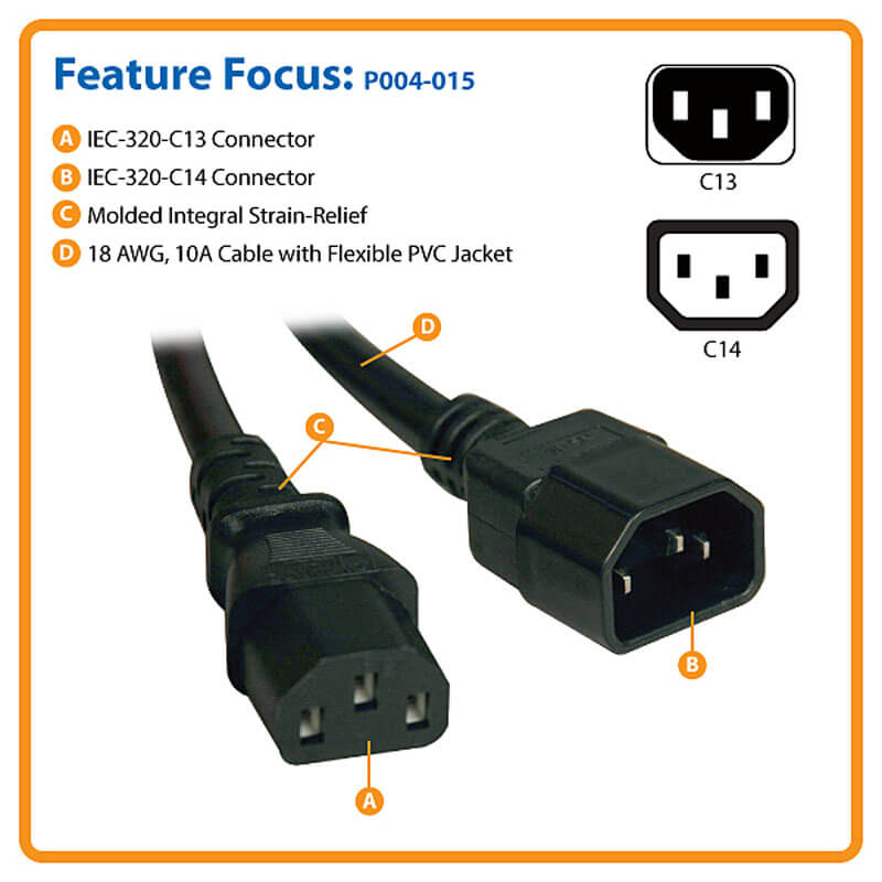 TRIPPLITE P004-015 PDU Power Cord, C13 to C14 - 10A, 250V, 18 AWG, 15 ft. - Image 5