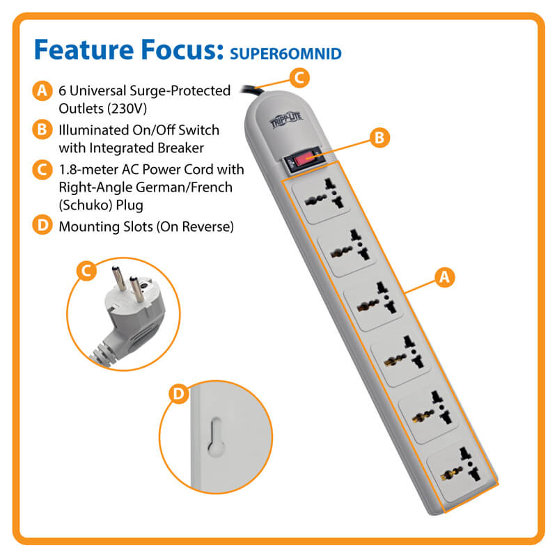 TRIPPLITE SUPER6OMNID 6-Universal Outlet Surge Protector, 1.8M Cord, German/French Plug - Image 2