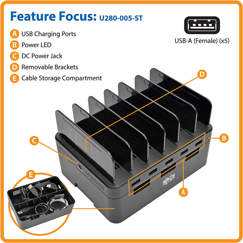 TRIPPLITE U280-005-ST 5-Port USB Charging Station with Built-In Device Storage, 12V 4A (48W) USB Charger Output - Image 9