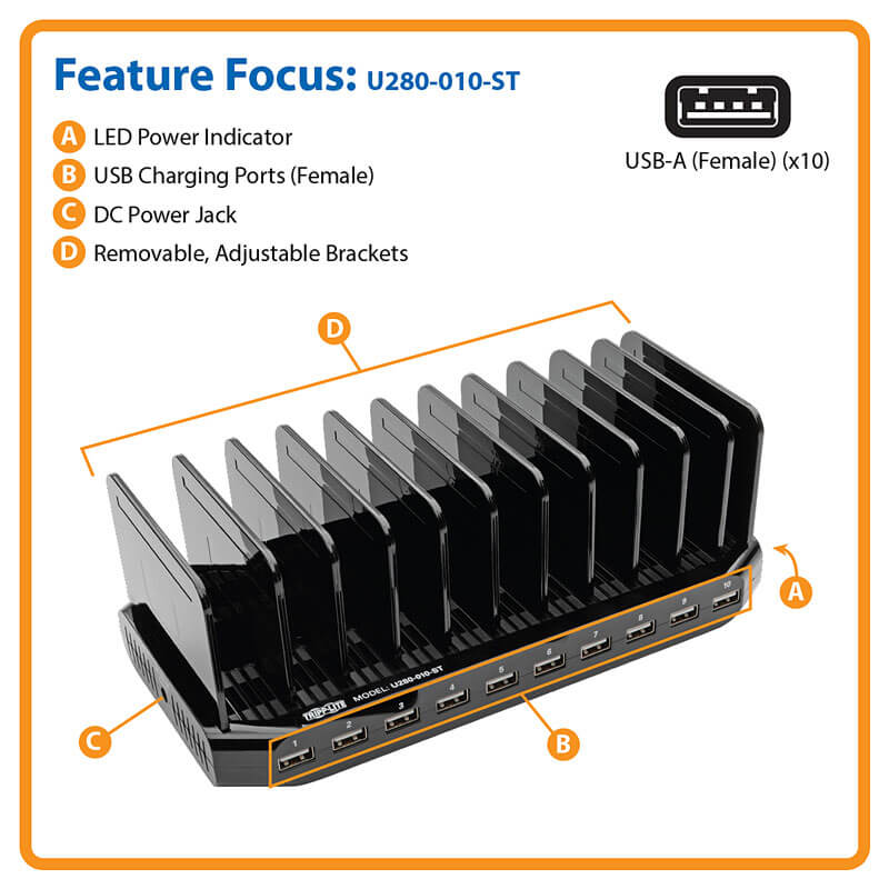 TRIPPLITE U280-010-ST-CEE 10-Port USB Charging Station with Adjustable Storage, 12V 8A (96W) USB Charger Output - Image 7