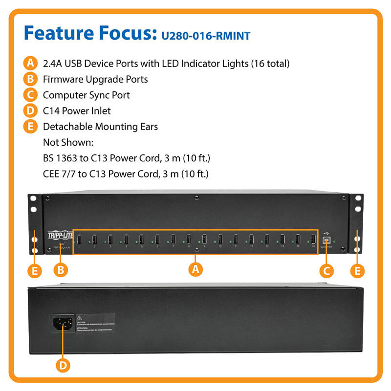 TRIPPLITE U280-016-RMINT 16-Port USB Charging Station with Syncing, 230V, 5V 40A (200W) USB Charger Output, 2U Rack-Mount - Image 6