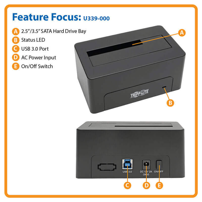 TRIPPLITE U339-000 USB 3.0 SuperSpeed to SATA External Hard Drive Docking Station for 2.5in or 3.5in HDD - Image 4