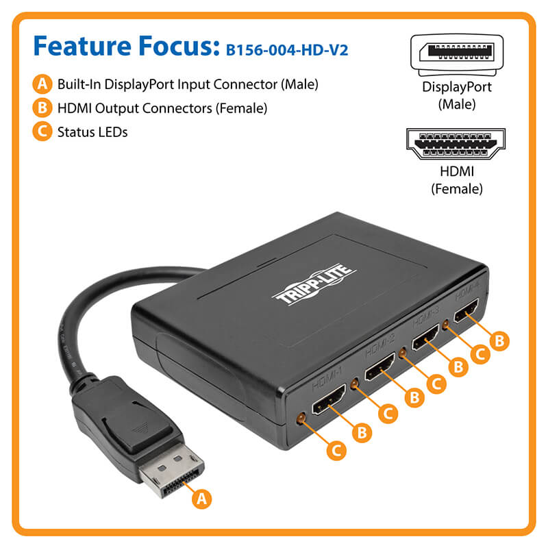 TRIPPLITE B156-004-HD-V2 4-Port DisplayPort 1.2 to HDMI Multi-Stream Transport (MST) Hub, 3840 x 2160 (4K x 2K) - Image 8