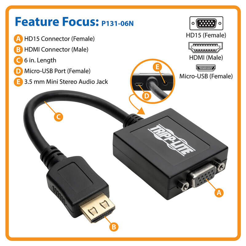 TRIPPLITE P131-06N HDMI to VGA with Audio Converter Cable Adapter for Ultrabook/Laptop/Desktop PC, 6 in. - Image 5
