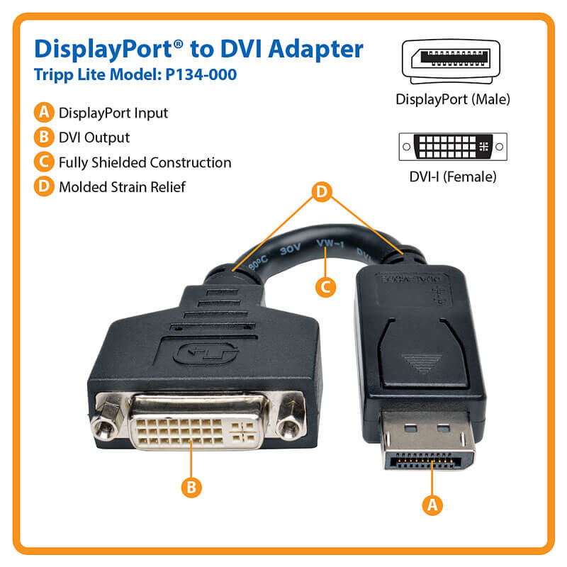 TRIPPLITE P134-000 DisplayPort to DVI Cable Adapter, Converter for DP-M to DVI-I-F - Image 3