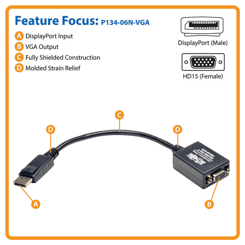 TRIPPLITE P134-06N-VGA DisplayPort to VGA Active Cable Adapter, 1920x1200/1080p (M/F), 6-in. - Image 4