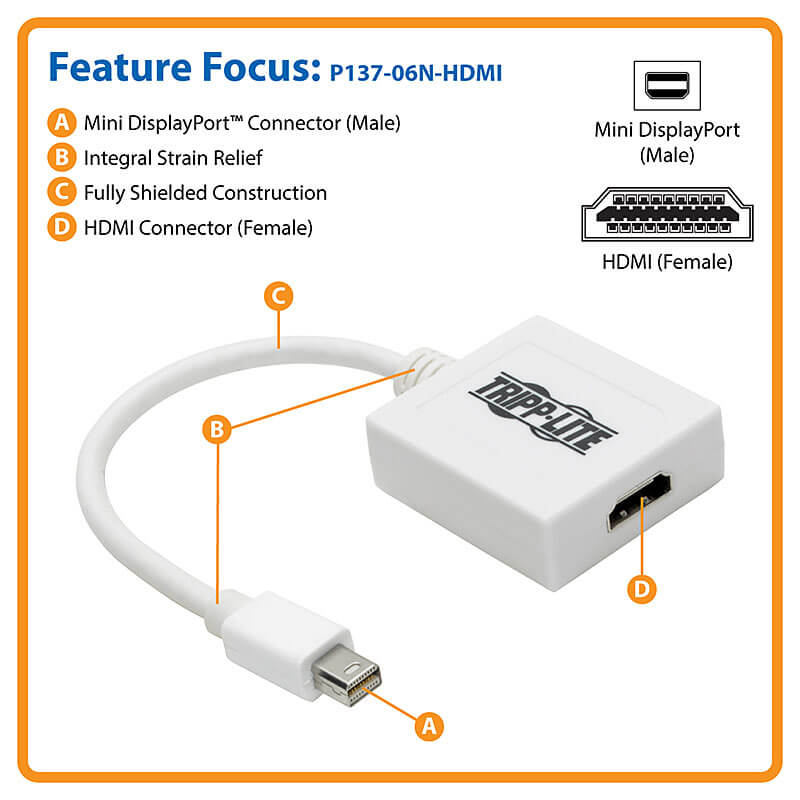 TRIPPLITE P137-06N-HDMI Mini DisplayPort to HDMI Adapter Cable (M/F), 6 in. - Image 5