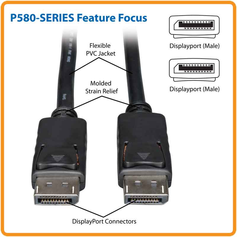 TRIPPLITE P580-006 DisplayPort Cable with Latches (M/M), 4K x 2K 3840 x 2160 @ 60Hz, 6-ft. - Image 2