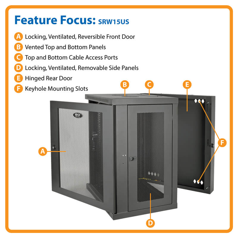 TRIPPLITE SmartRack 15U Low-Profile Switch-Depth Wall-Mount Rack Enclosure Cabinet, Hinged Back - Image 6