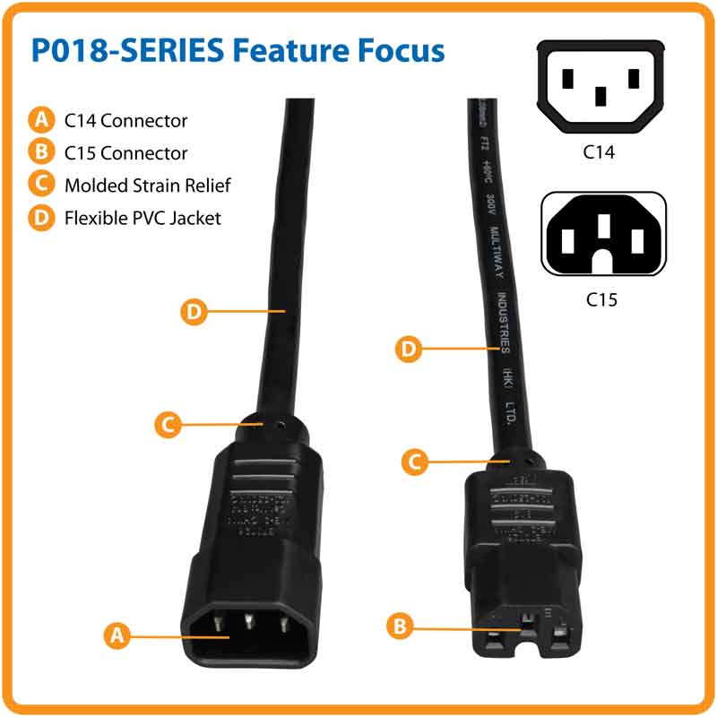 TRIPPLITE P018-006 Power Cord C14 to C15 - Heavy Duty, 15A, 250V, 14 AWG, 6 ft., Black - Image 5