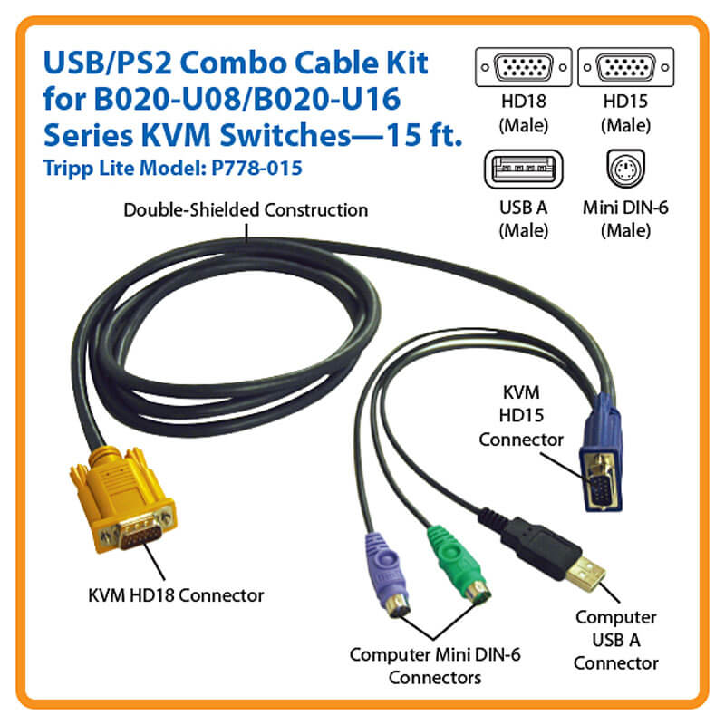 TRIPPLITE P778-015 USB/PS2 Combo Cable for NetDirector KVM Switches B020-U08/U16 and KVM B022-U16, 15 ft. - Image 2