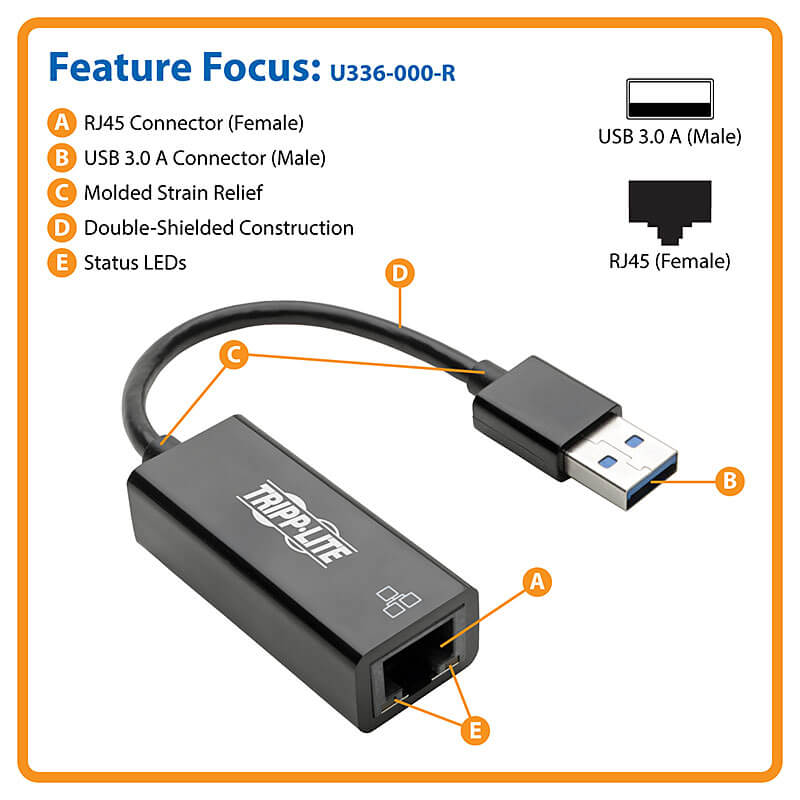 TRIPPLITE U336-000-R USB 3.0 to Gigabit Ethernet NIC Network Adapter - 10/100/1000 Mbps, Black - Image 7