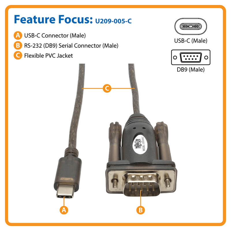 TRIPPLITE U209-005-C USB-C to RS232 (DB9) Serial Adapter Cable (M/M), 5 ft. - Image 3