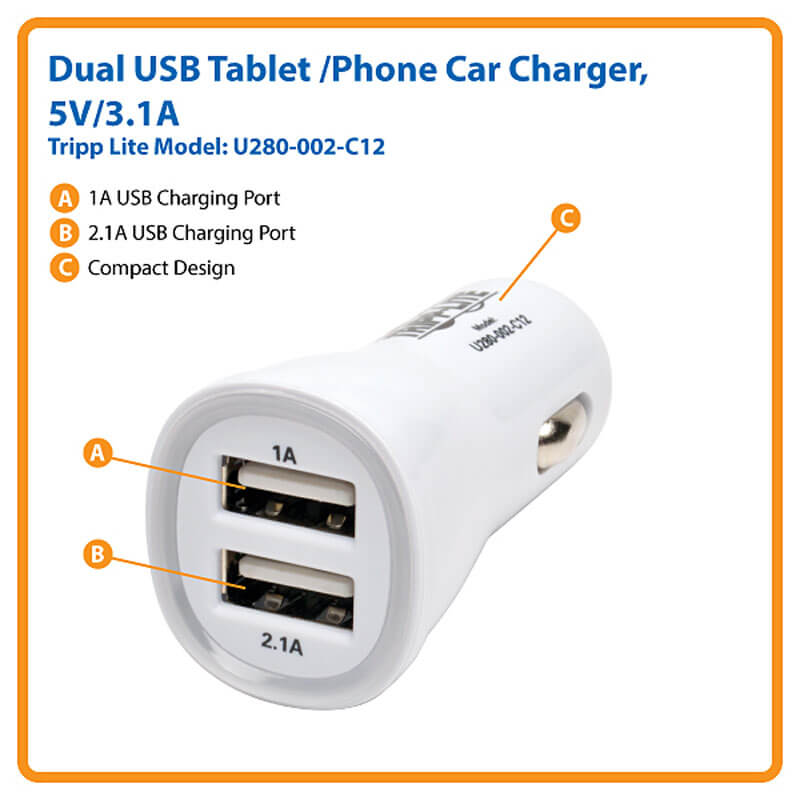 TRIPPLITE U280-002-C12 Dual-Port USB Tablet / Phone Car Charger, 5V 3.1A / 15.5W - Image 4