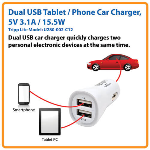 TRIPPLITE U280-002-C12 Dual-Port USB Tablet / Phone Car Charger, 5V 3.1A / 15.5W - Image 5