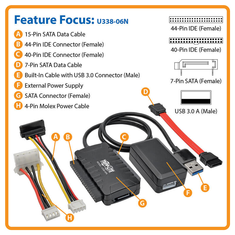 TRIPPLITE U338-06N USB 3.0 SuperSpeed to SATA/IDE Adapter with Built-In USB Cable, 2.5 in., 3.5 in. and 5.25 in. Hard Drives - Image 6
