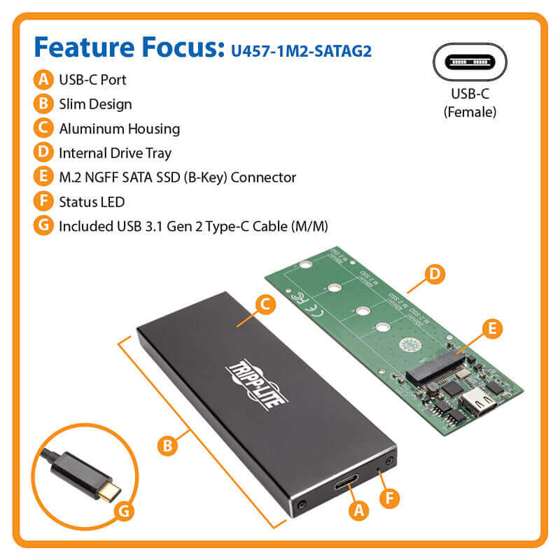 TRIPPLITE U457-1M2-SATAG2 USB 3.1 Gen 2 (10 Gbps) USB-C to M.2 NGFF SATA SSD (B-Key) Enclosure Adapter with UASP Support, Thunderbolt™ 3 Compatible - Image 8