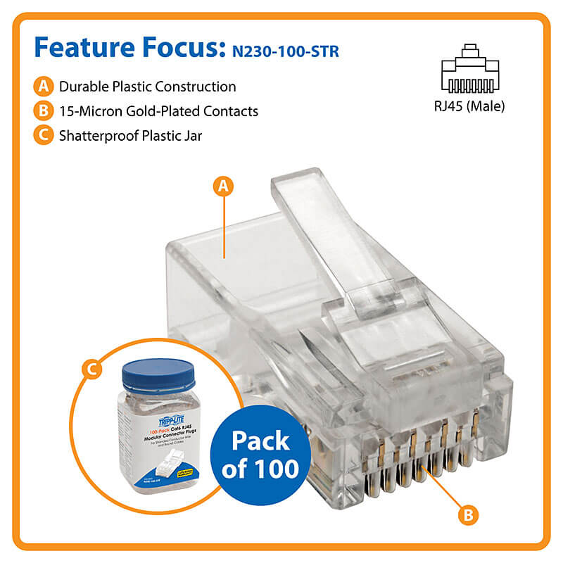 TRIPPLITE N230-100-STR Cat6 RJ45 Modular Plug for Round Stranded UTP Conductor 4-Pair, 100 Pack - Image 4