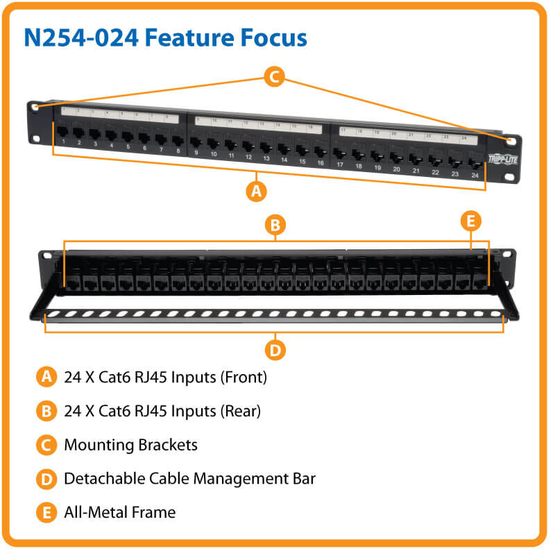 TRIPPLITE N254-024 24-Port 1U Rack-Mount Cat6/Cat5 Feedthrough Patch Panel, RJ45 Ethernet - Image 5
