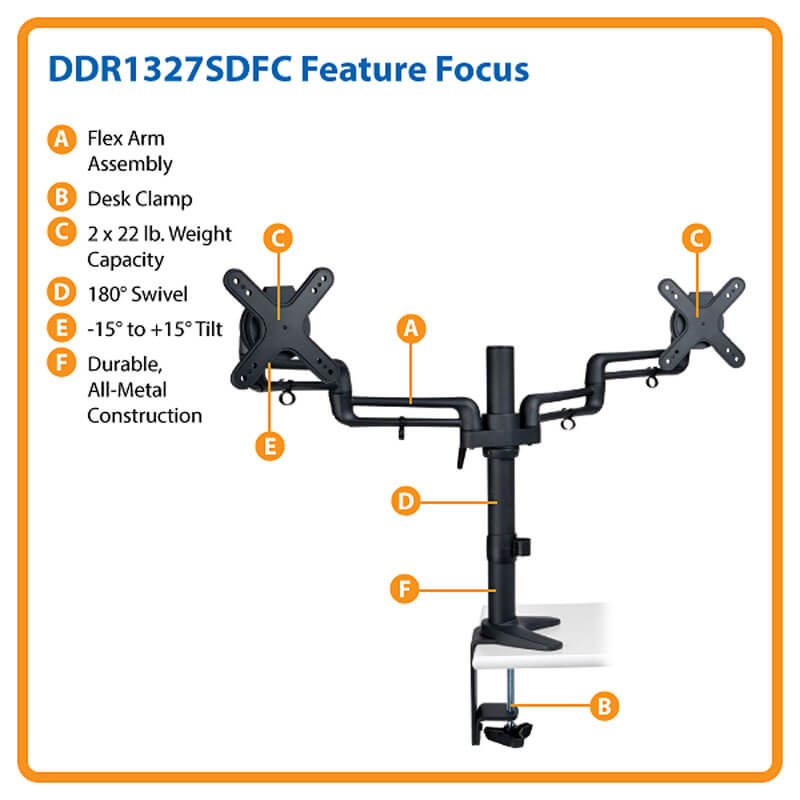 TRIPPLITE DDR1327SDFC Dual Full Motion Flex Arm Desk Clamp for 13" to 27" Monitors - Image 7