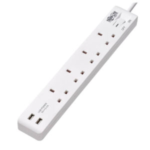 TRIPPLITE PS4B18USBW 4-Outlet Power Strip with USB-A Charging - BS1363A Outlets, 220-250V, 13A, 1.8 m Cord, BS1363A Plug, White