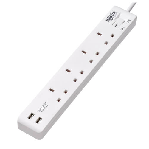 TRIPPLITE PS4B18USBW 4-Outlet Power Strip with USB-A Charging - BS1363A Outlets, 220-250V, 13A, 1.8 m Cord, BS1363A Plug, White