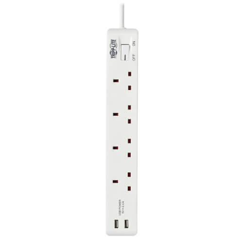 TRIPPLITE PS4B18USBW 4-Outlet Power Strip with USB-A Charging - BS1363A Outlets, 220-250V, 13A, 1.8 m Cord, BS1363A Plug, White - Image 2