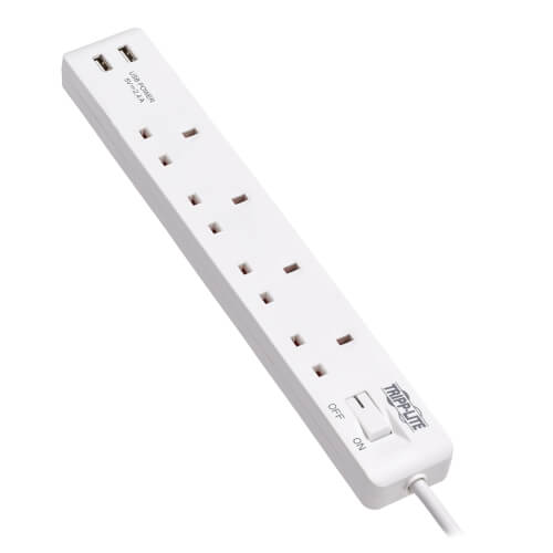 TRIPPLITE PS4B18USBW 4-Outlet Power Strip with USB-A Charging - BS1363A Outlets, 220-250V, 13A, 1.8 m Cord, BS1363A Plug, White - Image 4