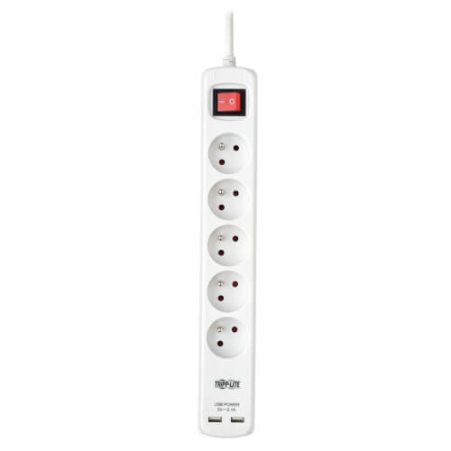 TRIPPLITE PS5F3USB 5-Outlet Power Strip with USB Charging - French Type E Outlets, 220-250V, 16A, 3m Cord, Type E Plug, White - Image 2