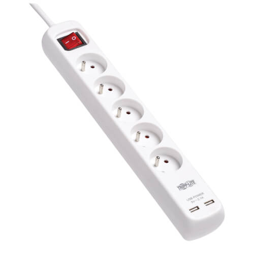 TRIPPLITE PS5F3USB 5-Outlet Power Strip with USB Charging - French Type E Outlets, 220-250V, 16A, 3m Cord, Type E Plug, White - Image 4