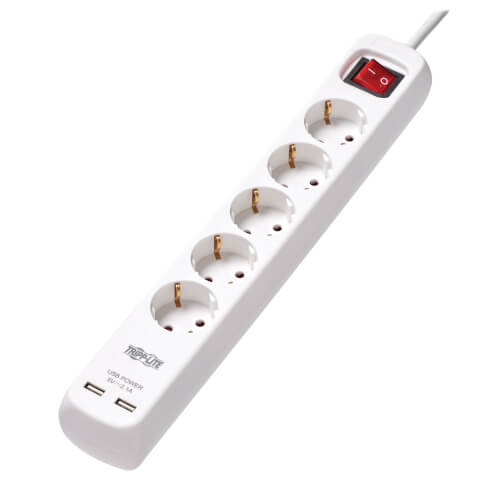 TRIPPLITE PS5G3USB 5-Outlet Power Strip with USB-A Charging - Schuko Outlets, 220-250V, 16A, 3 m Cord, Schuko Plug, White