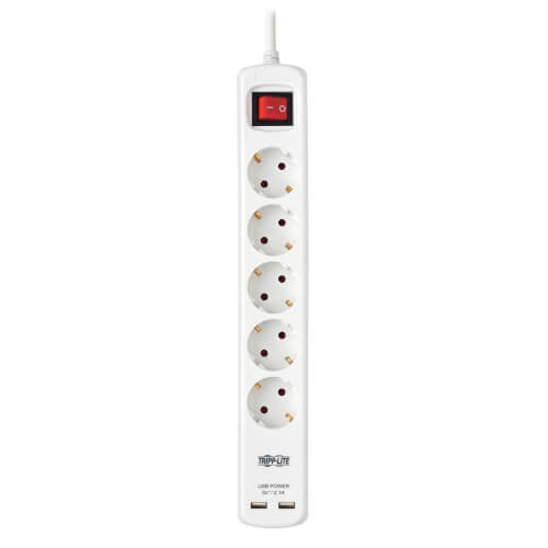 TRIPPLITE PS5G3USB 5-Outlet Power Strip with USB-A Charging - Schuko Outlets, 220-250V, 16A, 3 m Cord, Schuko Plug, White - Image 2