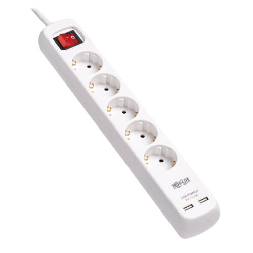 TRIPPLITE PS5G3USB 5-Outlet Power Strip with USB-A Charging - Schuko Outlets, 220-250V, 16A, 3 m Cord, Schuko Plug, White - Image 4