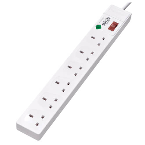 TRIPPLITE TLP6B18 6-Outlet Surge Protector - British BS1363A Outlets, 220-250V AC, 13A, 1.8 m Cord, BS1363A Plug, White