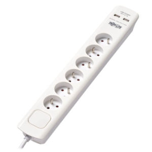 TRIPPLITE TLP6F18USB 6-Outlet Surge Protector with USB Charging - French Type E Outlets, 220-250V, 16A, 1.8 m Cord, Type E Plug, White