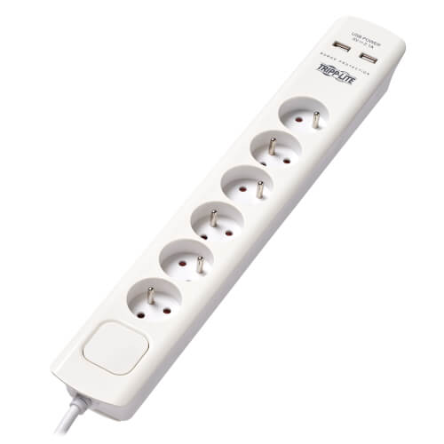 TRIPPLITE TLP6F18USB 6-Outlet Surge Protector with USB Charging - French Type E Outlets, 220-250V, 16A, 1.8 m Cord, Type E Plug, White