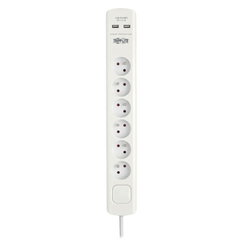 TRIPPLITE TLP6F18USB 6-Outlet Surge Protector with USB Charging - French Type E Outlets, 220-250V, 16A, 1.8 m Cord, Type E Plug, White - Image 2