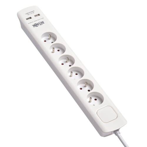 TRIPPLITE TLP6F18USB 6-Outlet Surge Protector with USB Charging - French Type E Outlets, 220-250V, 16A, 1.8 m Cord, Type E Plug, White - Image 4
