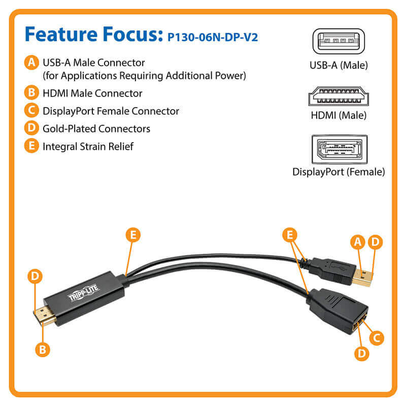 TRIPPLITE P130-06N-DP-V2 4K HDMI to DisplayPort Active Adapter Video Converter with USB Power, HDMI to DisplayPort (M/F), 4K 30Hz,15.24cm - Image 5