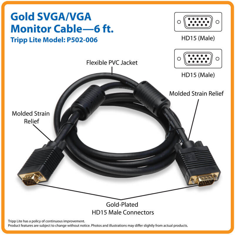 TRIPPLITE P502-006 VGA High-Resolution RGB Coaxial Cable (HD15 M/M)), 1.83m - Image 2