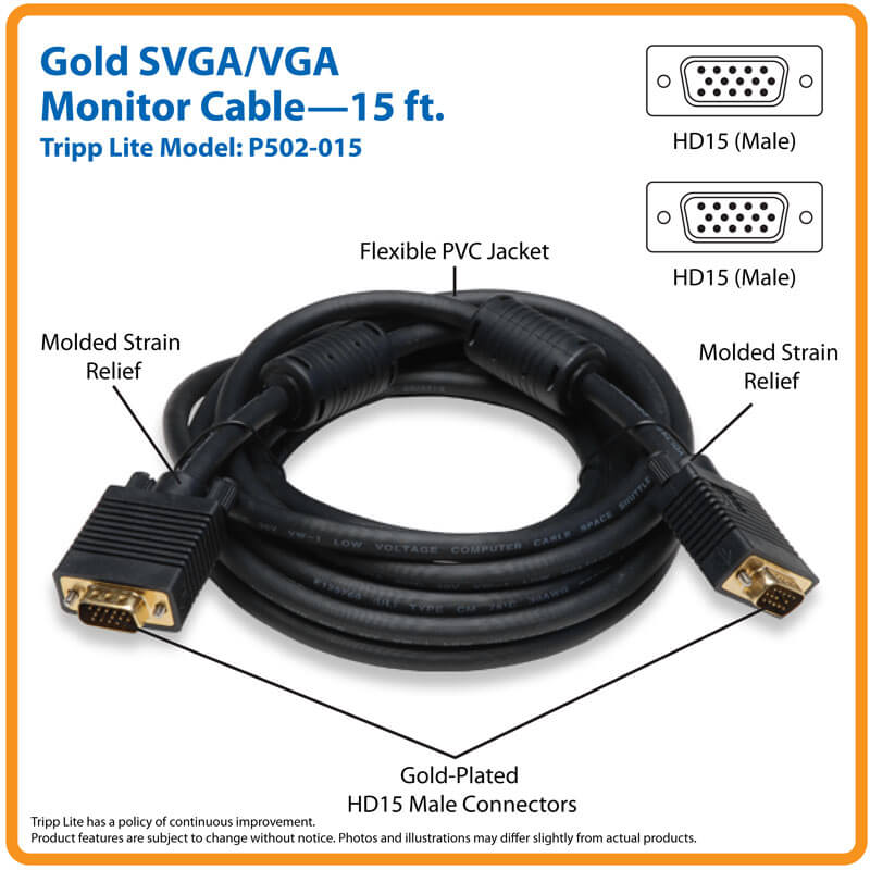 TRIPPLITE P502-015 VGA High-Resolution RGB Coaxial Cable HD15 M/M 4.57m - Image 2