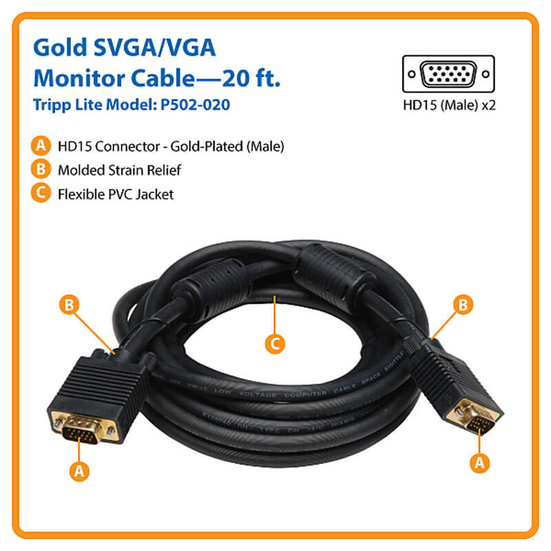TRIPPLITE P502-020 VGA High-Resolution RGB Coaxial Cable (HD15 M/M) 6.09m - Image 2