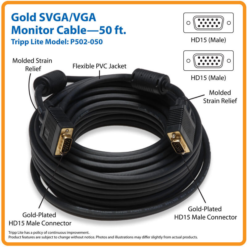 TRIPPLITE P502-050 VGA High-Resolution RGB Coaxial Cable (HD15 M/M) 15.24m - Image 2